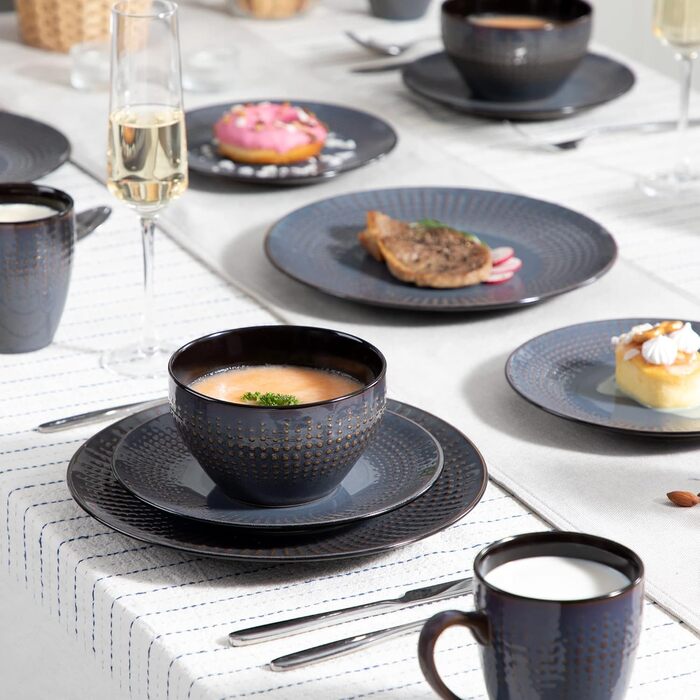 Stoneware Combination Service, vancasso GUTO Tableware Set, 32-piece Dinnerware Set with 8 Dinner Plates, Cake Plates, Bowls, and Cups each for 8 people