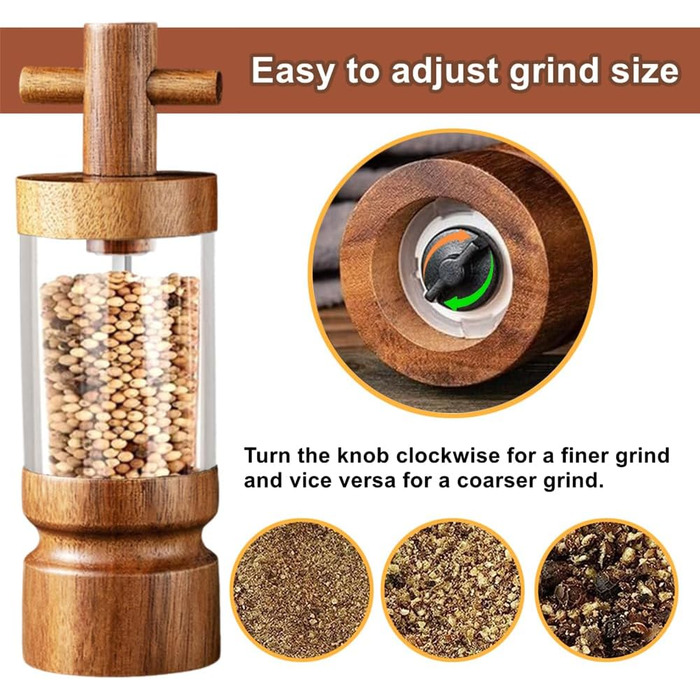 Auciej Pepper Grinder Wooden Salt Grinder Manual Spice Grinder Set with Adjustable Ceramic Grinder, Salt and Pepper Grinder with Coaster for Spices, Pepper, Salt, 2-Piece Set, Height: 18 cm