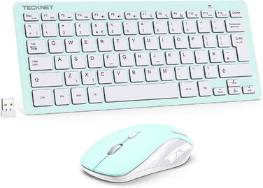 Бездротова клавіатура та миша TECKNET QWERTZ, 2.4 GHz, 15м, тиха, для ПК, ноутбука, Smart TV, білий (зелений)
