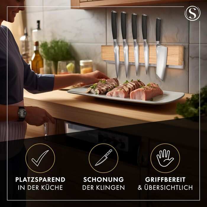 SEMPREZA® Magnetic Knife Strip | 40cm | Oak Wood & Stainless Steel | for Gluing or Screwing | Magnetic Knife Holder | Magnetic Knife Rail | Self-adhesive Magnetic Knife Holder