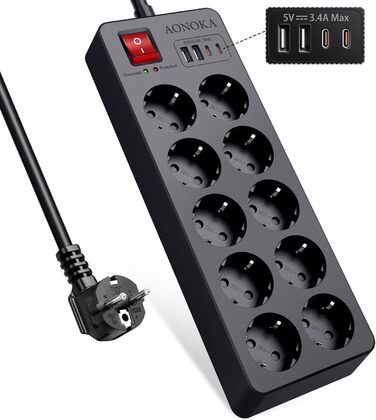 Мережевий фільтр 8 розеток з USB C, захист від перенапруги, адаптер з 2*USB A та 2*USB C, мережевий перехідник з подвійним вимикачем, кабель 1.5м чорний