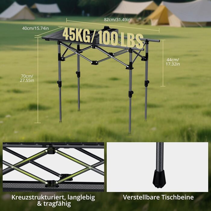 Складний алюмінієвий стіл для кемпінгу Anbte, 122x60x74 см, до 120 кг, для 6-8 осіб, з сумкою для перенесення (чорний)