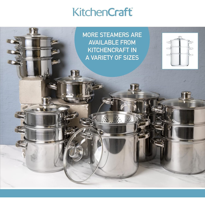 Набір з 3 каструль KitchenCraft з пароваркою, 3-рівневий, з нержавіючої сталі, для індукції, 22 см, сріблястий, у подарунковій коробці