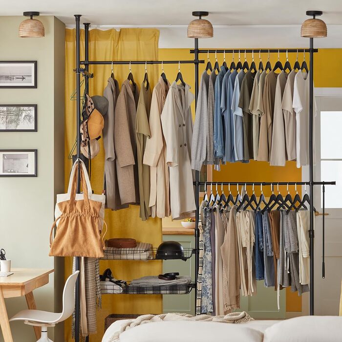 SoBuy KLS04-SCH Telescopic Rod Clothes Rack with 5 Clothes Rails and 2 Baskets Telescopic Wardrobe System Adjustable Shelving System B (209-311) x (200-285) cm
