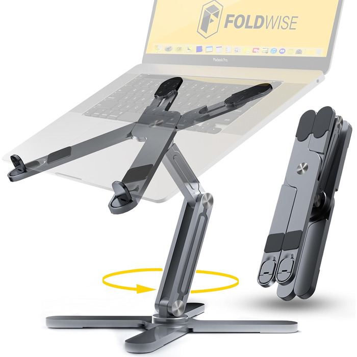 FoldWise X Laptop Stand for Desk – Aluminum, 360° Swivel, Foldable, Height & Angle Adjustable – Stable & Portable Laptop Riser, MacBook Stand & Computer Holder for 11-18 Inch