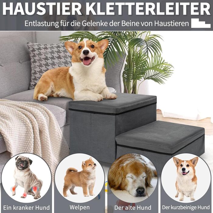 Сходинка для собак та котів Haustiertreppe, складана з місцем для зберігання, сіра (2 сходинки)