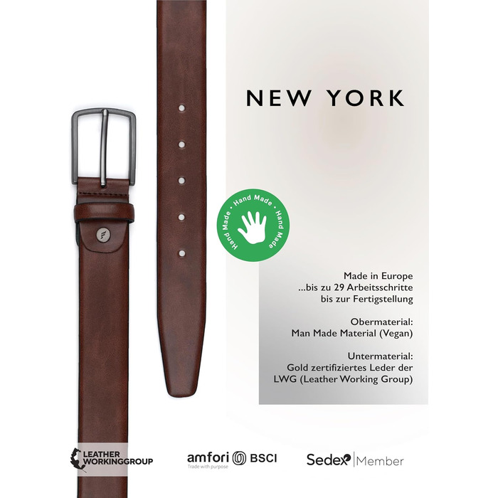 Чоловічий ремінь FENIX NEW YORK Toffee Brown (100 см), ширина 35 мм, екологічний матеріал, регульований розмір, гіпоалергенна пряжка, для костюмів та джинсів