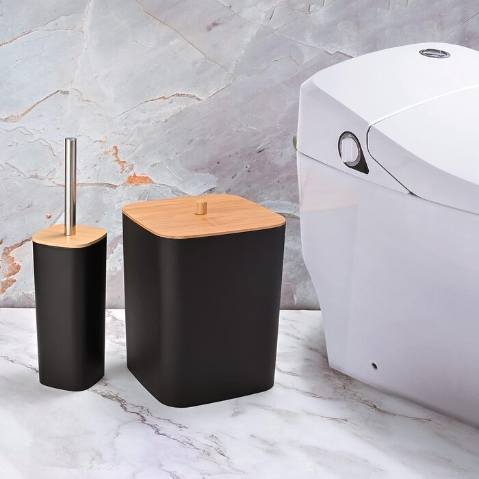 Yorkmills 6-Piece Bamboo Bathroom Accessory Set, Bathroom Accessory Set, Bathroom Trash Can and Toilet Brush Set, Modern Trash Can, Toothbrush Holder Cup, Soap Dish Holder