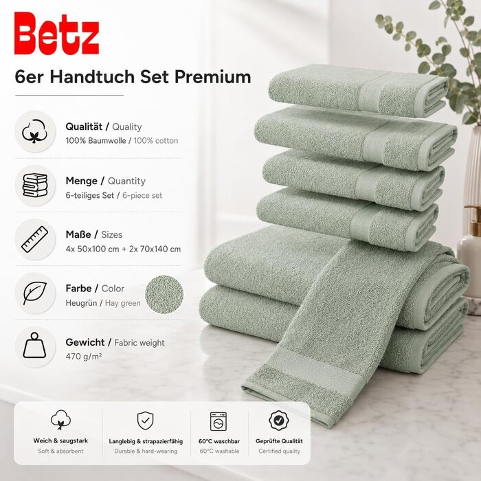 Набір рушників для ванної Betz Premium, 6 шт. (4 шт. 50x100 см, 2 шт. 70x140 см), 100% бавовна, колір сірий-зелений (Heugrün)