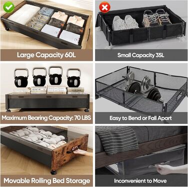 Підліжкова комода на колесах з дерева, знімний верх, великі металеві контейнери для зберігання взуття, ковдр, одягу, спальня, гуртожиток (Вінтаж-коричневий, 2 шт.)