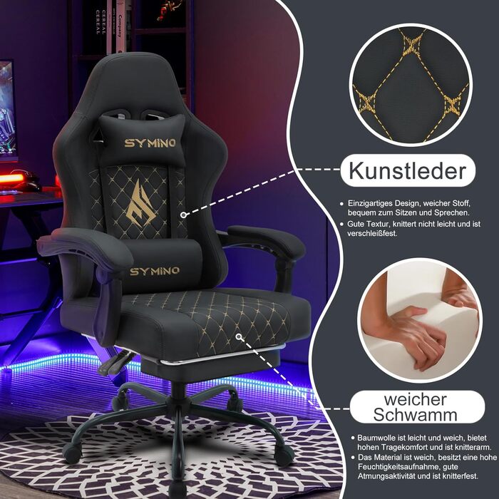 Ігровий крісло Symino - ергономічне, racing style, 200 кг, регульовані підлокітники, PU шкіра, з підніжкою, чорний, стійке до подряпин