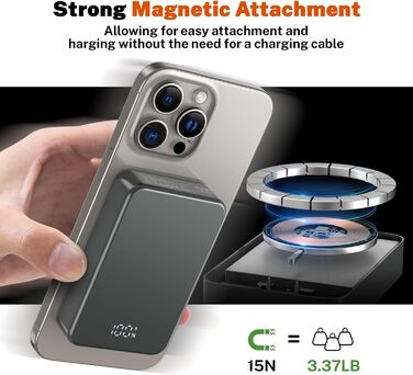 Магнітний портативний Power Bank 26800mAh з USB-C, для iPhone та Android (сірий метал)