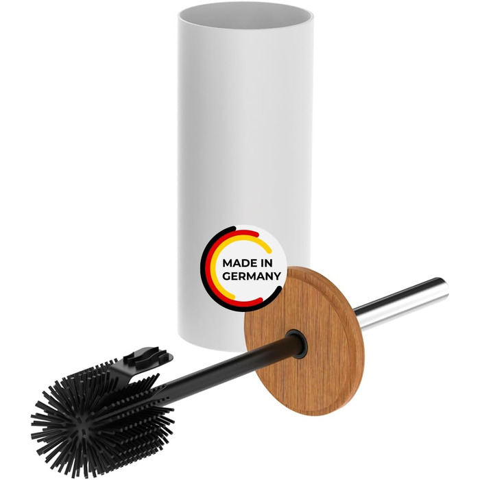 Набір для туалету Rival Life Style з круглою щіткою, ручка з нержавіючої сталі та кришка з масивної букової деревини – ергономічна щітка для туалету – для швидкого та ретельного прибирання. Кругла щітка з м'якими щетинками (білий)