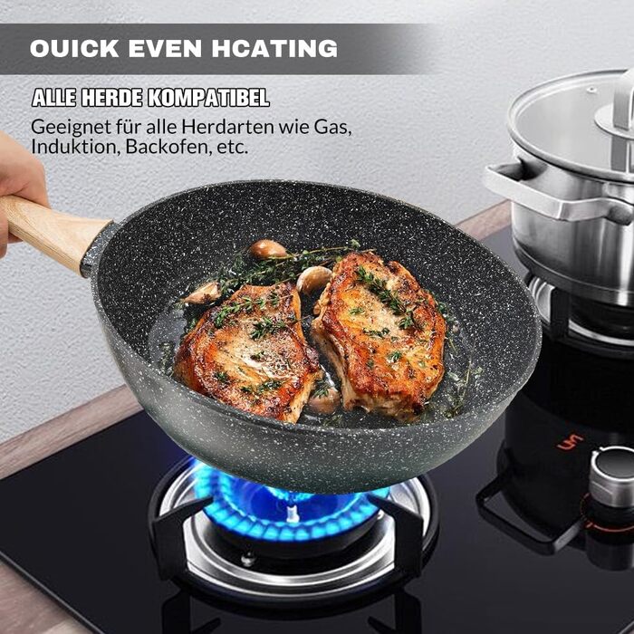 Набір каструль та сковорідок MDHAND з антипригарним покриттям, 12 предметів, чорний граніт, індукційне дно, без PFOA та PFOS