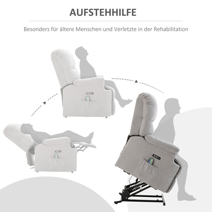 HOMCOM Massage Chair with Rise Assist, Recliner, TV Chair with Heat Function, Adjustable Angle, USB, Remote Control, Short Plush, Grey, 83x95x105 cm