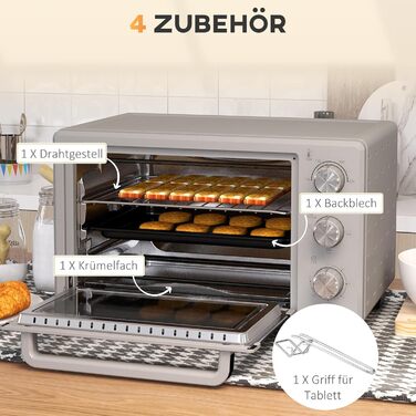 Міні-піч HOMCOM 21 л, 1400 Вт, 100-230°C, таймер, дека для крихт, дека для випічки, решітка-гриль, скло, для піци, кремово-білий (сріблястий)