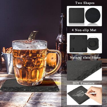 WEWINK PLUS Drink Coasters for Beverages, 4 Inch, Black Slate, Rustic Coaster with Scratch-Resistant Back, for Bar, Gifts, Crafts, Kitchen, Home Decoration, 12 Pieces