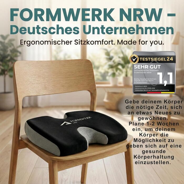 Ортопедична подушка для сидіння Formwerk NRW - Преміум ергономічна подушка для офісу та авто з 3D Memory Foam, сертифікат OEKO-TEX-100 (60-100 кг), чорний