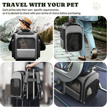 Рюкзак-переноска для котів Pawtners з розширеним тунелем для ігор, дозволений авіакомпаніями, для маленьких собак та великих котів до 11,3 кг, складаний, сірий (15.7'L x 12.6'W x 15.0'H)