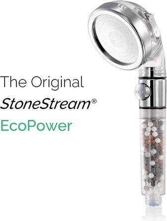 Original StoneStream Showerhead, Eco Power High-Pressure Water Softener, Filtered Handheld Shower with Spa-Like Ion Beads for Dry Skin and Hair – 3 Spray Settings