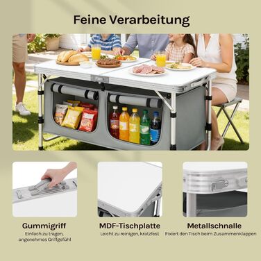 Складний алюмінієвий кемпінговий стіл WOLTU з регульованою висотою та полицями для зберігання, білий+сірий - для пікніка, пляжу, саду