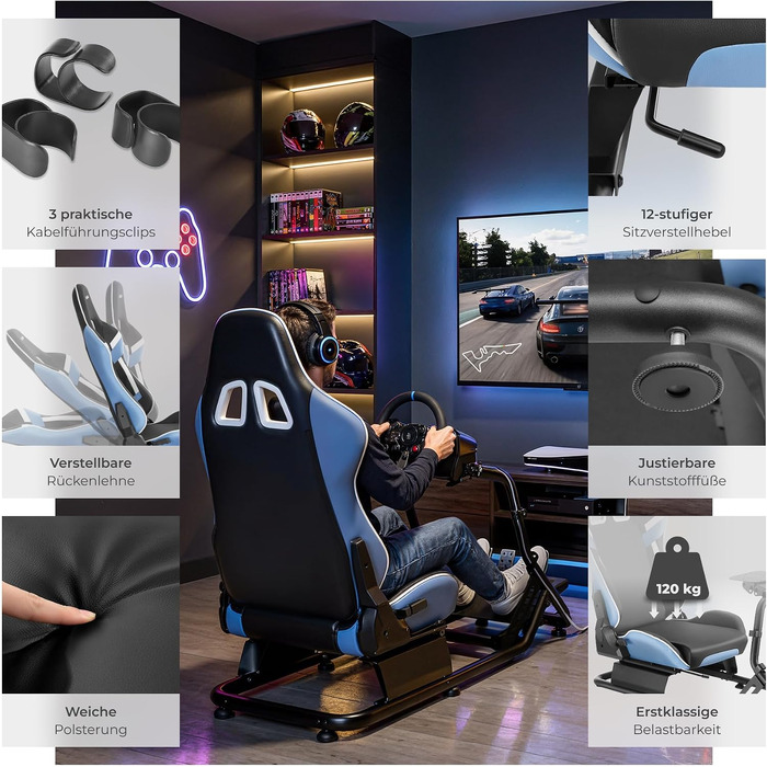 Ігровий симулятор Sim Racing Cockpit tectake® для Fanatec, Logitech, Thrustmaster, регульоване гоночне крісло GT-Style, сталевий каркас, до 120 кг (Чорний/Лазурний)
