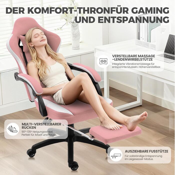 Ігровий крісло Dowinx з тканини, масажний крісло з підніжкою, ергономічне, для PC, геймінгу, офісу, 150 кг, рожево-білий