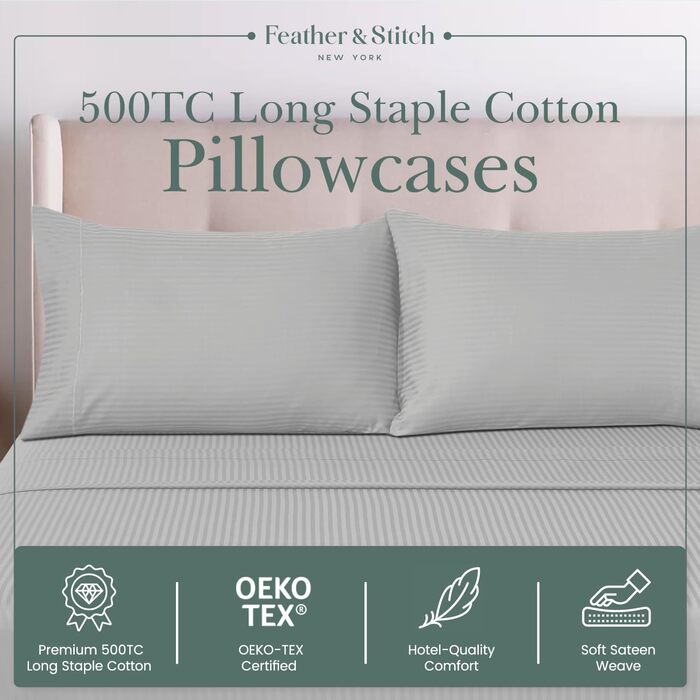 Набір постільної білизни Queen-Size Feather & Stitch: комплект ковдри та 2 наволочки, 100% бавовна, щільність 500 ниток, дамаст, колір блакитний пудровий, застібка - блискавка