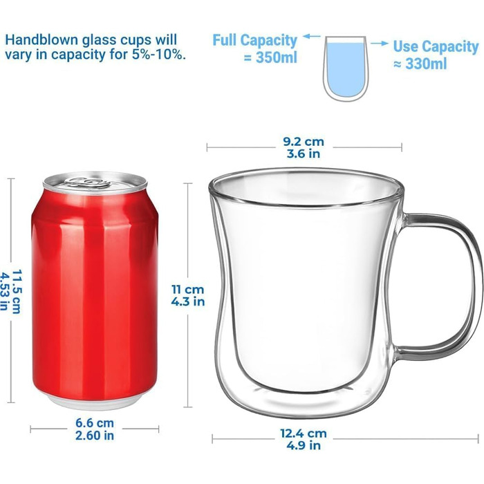 Набір склянок для лате макіато Ecooe 2 шт. з подвійними стінками, 350 мл, з ручкою, з боросилікатного скла