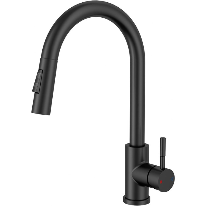 Чорний кухонний змішувач Rainsworth з висувною лійкою та душем, високий (56 см), з двома типами струменя, 360° оберт, з нержавіючої сталі, проста установка