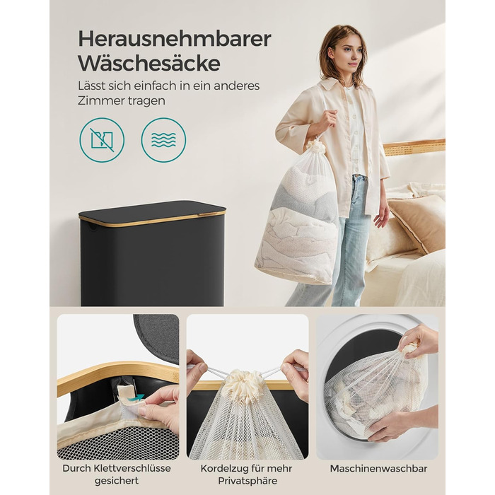 Laundry Basket, 3 compartments, 150 L, foldable, removable bag, Oxford fabric, bamboo, 60x38.5x70.5 cm