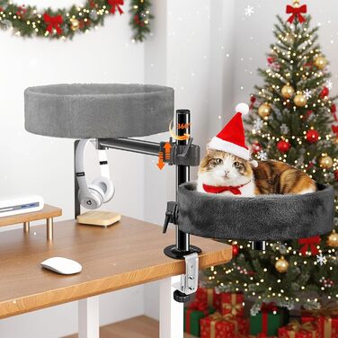 BSWAY Крісло-гніздо для кота на стіл - Покращений 360° оберт, регульована висота, без свердління. Підвищене котяче ліжко над столом. Тримає кошеня/кота близько, робочий простір чистий. Крісло-ліжко для кота на стіл, темно-сірий колір, XL розмір