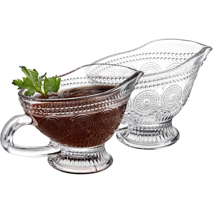 Kingrol 2-Piece 9.5 oz Sauce Dishes for Serving Sauces, Salad Dressings, Syrup, Coffee, Milk, Glass Pitchers with Embossed Vintage Design