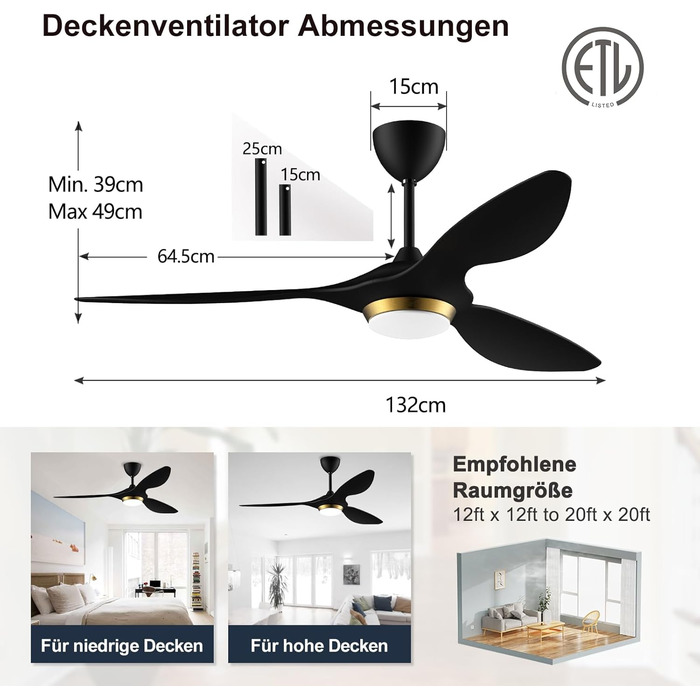 Стеляний вентилятор Reiga з підсвічуванням та пультом керування, 132 см, тихий реверсивний двигун, 6 швидкостей, таймер, регулювання яскравості та 3 колірні температури, коричневі лопаті (чорно-золотий колір)