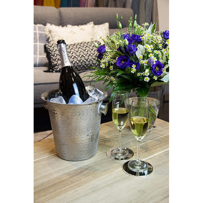 EDZARD Sparkling Wine Cooler Joey (Ø 21 cm) made of stainless steel - Bottle cooler, wine cooler - Beverage cooler for 1 bottle - Bowl for wine, sparkling wine & ice cubes - Hammered Champagne cooler with handle