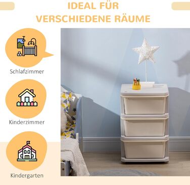 HOMCOM Kids' Storage Drawer Cabinet with Storage Boxes, Toy Organizer, Toy Chest, Three Tiers for Kids' Rooms, 3-6 Years, Children's Furniture, 37 x 37 x 56.5 cm (37L x 37W x 56.5H cm, Cream White)