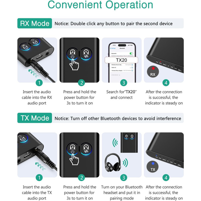 ORIA Bluetooth 5.3 Аудіоадаптер 2-в-1: для стереосистем, навушників, колонок, ноутбуків. Зарядка Type-C (Чорний)
