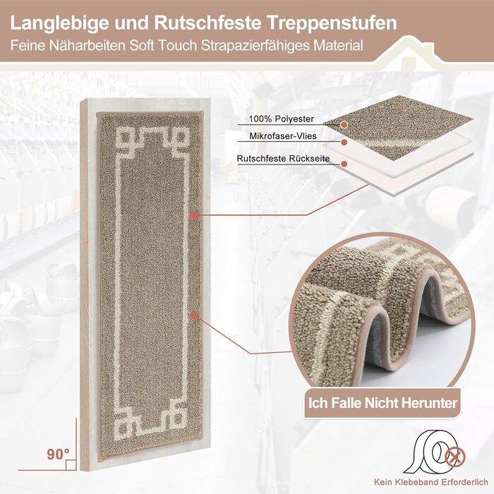 Килимочки на сходи BEQHAUSE, набір з 15 шт., самоклеючі, для дітей, літніх людей та домашніх тварин, 100% поліестер, TPE-підкладка, 22x70 см, бежевий