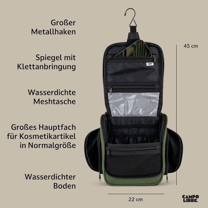 Чоловіча та жіноча косметичка Campo Libre® Tony з 11 відділеннями, преміум-якість, водонепроникна, зелено-чорна, M