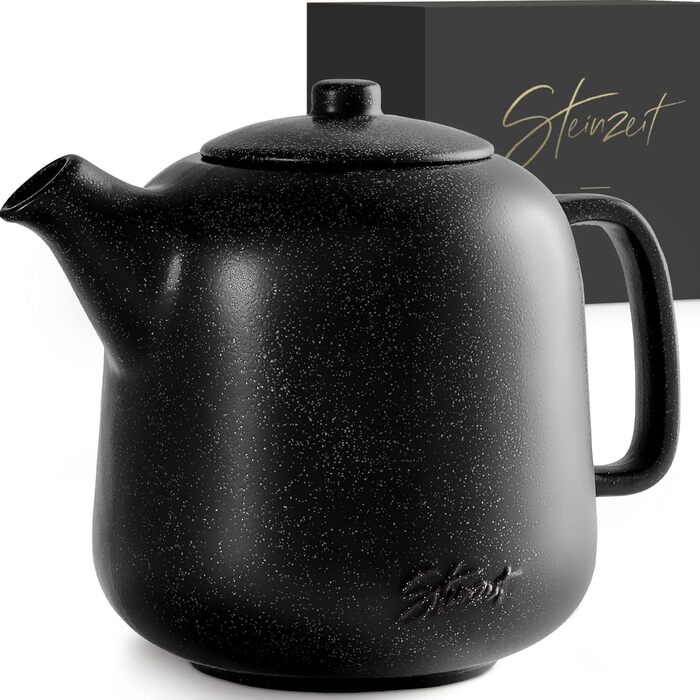 STEINZEIT Design Teapot (1.3L) with 304 Stainless Steel Infuser - Ceramic Teapot with Unique Glaze with Removable Strainer - Black