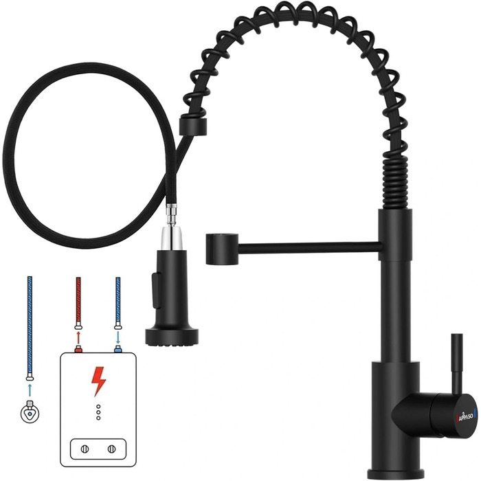 Кран кухонний APPASO 3-в-1 чорного кольору з трьома виходами, для фільтрації води, поворотний на 360°, з двома ручками, з нержавіючої сталі, низький тиск