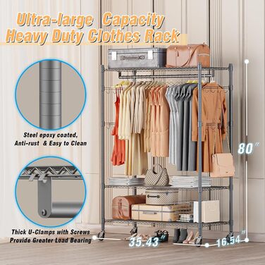 Double Clothes Rack/Garment Rod with Adjustable Shelves, Heavy-Duty Clothes Rack with 2 Hooks, Clothes Rack with Wheels, 90 * 42 * 205cm, White (Gray, 90*42*205cm)
