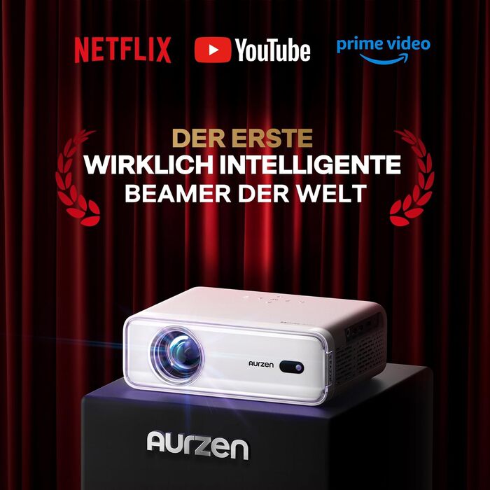 Aurzen Eazze D1 Smart Beamer: 4K проєктор для дому, Wi-Fi, Bluetooth, Netflix, Dolby Audio, автофокус, корекція трапеції, Mini проєктор, білий
