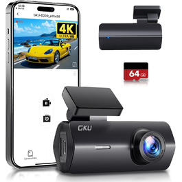 Відеореєстратор GKU 4K Auto з Wi-Fi, 170° кут огляду, Нічне бачення, WDR, 24H паркування, G-сенсор, в комплекті SD-карта 64GB, Чорний