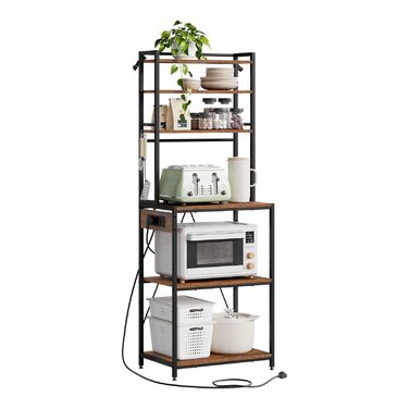 Кухонна полиця WOLTU з 6 ярусами та розетками, мікрохвильова полиця з 6 гачками, полиця пекаря з металевим каркасом, регульовані полиці, Чорний+Рустикальне коричневий, 60 x 167 x 40 см, Чорний+Вінтажний коричневий 60 x 39,5 x 167 см