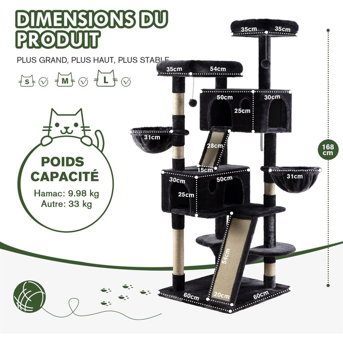 Драбина-кіготь MUTICOR 168 см для великих котів з гамаком, кошиками та ігровим будиночком, сірий