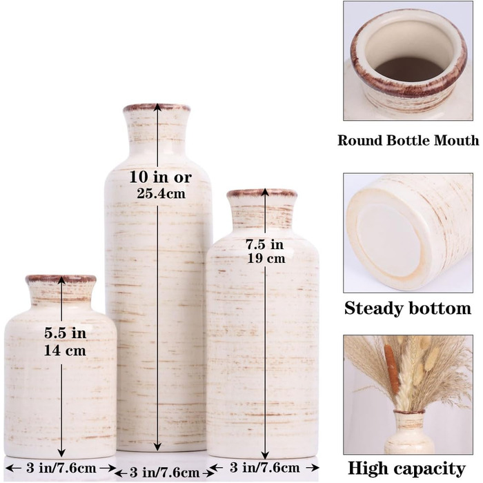 Набір керамічних ваз білого кольору – 3 шт., вази в стилі бохо, сучасний сільський інтер'єр, декор для вітальні, прихожої, полиці, каміна, полиці (Hp009)