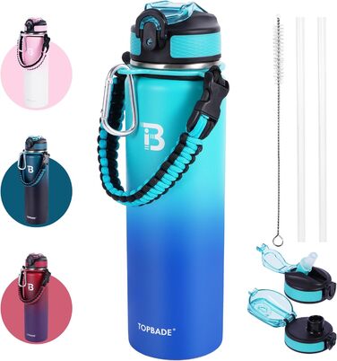 Stainless Steel Water Bottle 1900 ml (+2 Lids), 1.9 Liter Insulated Water Bottle with Straw, Leak-Proof Double-Walled Insulated Bottle with Chug Lid for School, Fitness, Outdoor (710 ml, Green Blue)