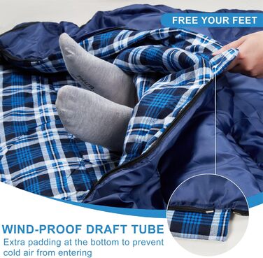 Cotton Flannel Double Sleeping Bag for Camping, Hiking, and Backpacking - Queen Size 2 Person Waterproof Sleeping Bag for Adults & Teens - Lightweight Blue/Blue