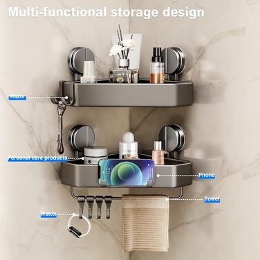 Поличка для душу без свердління, кутова поличка для ванної кімнати з присосками, корзина для душу з тримачем для рушників та знімними гачками (2 шт., сіра)